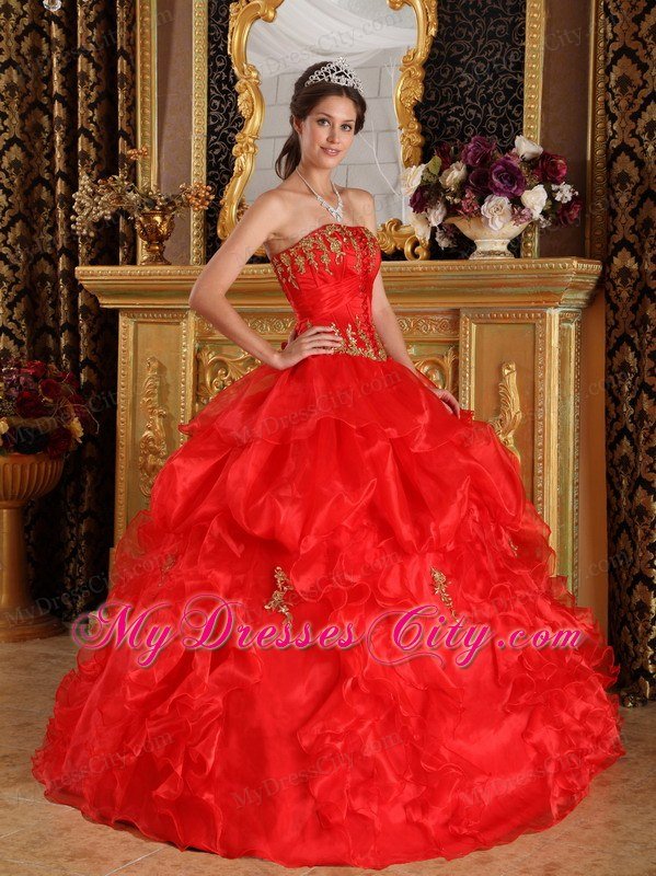 Red Ball Gown Strapless Appliques Ruffled Dress for Quinceanera