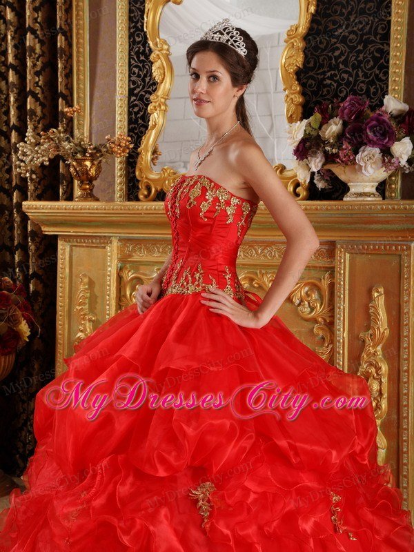 Red Ball Gown Strapless Appliques Ruffled Dress for Quinceanera