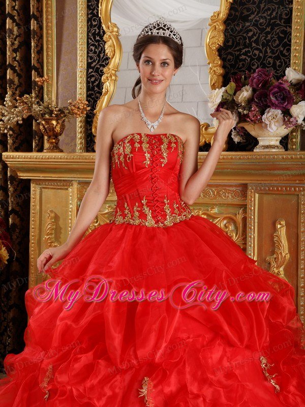 Red Ball Gown Strapless Appliques Ruffled Dress for Quinceanera