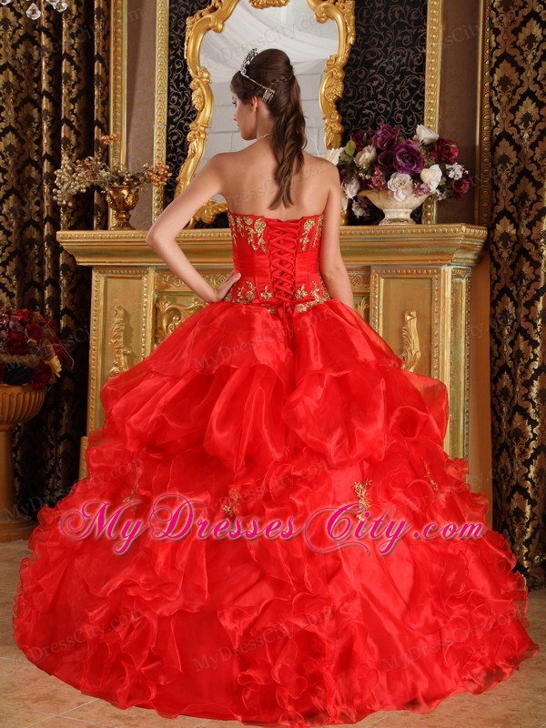 Red Ball Gown Strapless Appliques Ruffled Dress for Quinceanera