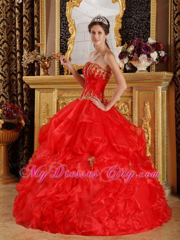 Red Ball Gown Strapless Appliques Ruffled Dress for Quinceanera