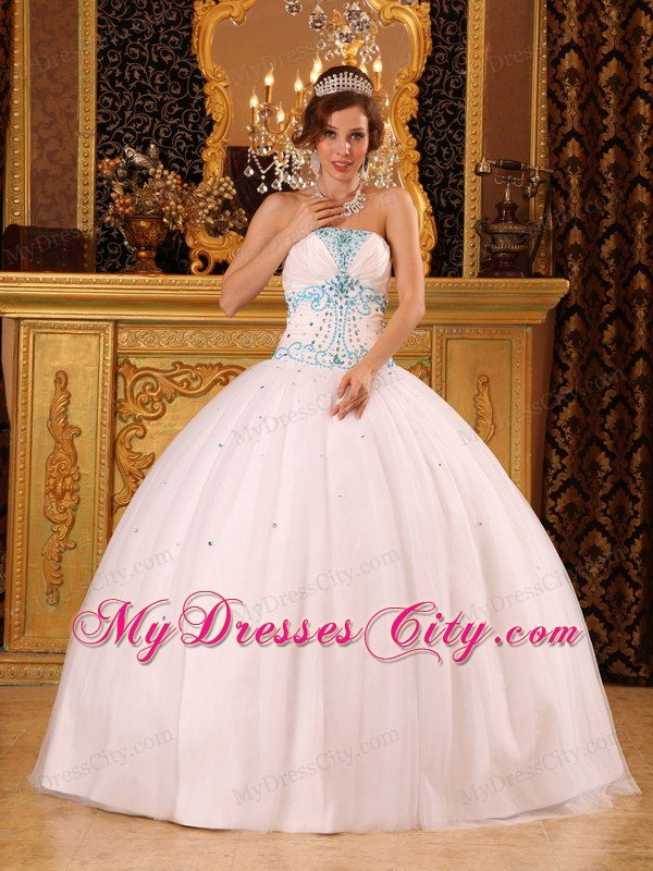 Pretty Strapless Beading White Tulle Corset up Quinceanera Dress