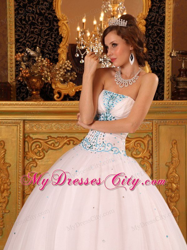 Pretty Strapless Beading White Tulle Corset up Quinceanera Dress