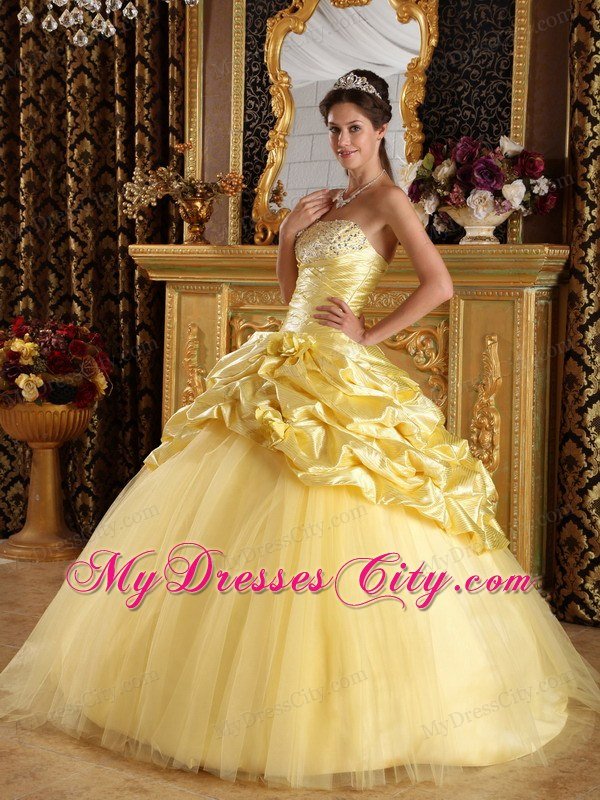 Strapless Beading Bubbles Flowers Yellow Quinceanera Dresses