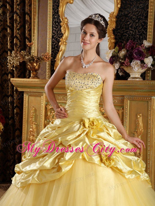 Strapless Beading Bubbles Flowers Yellow Quinceanera Dresses