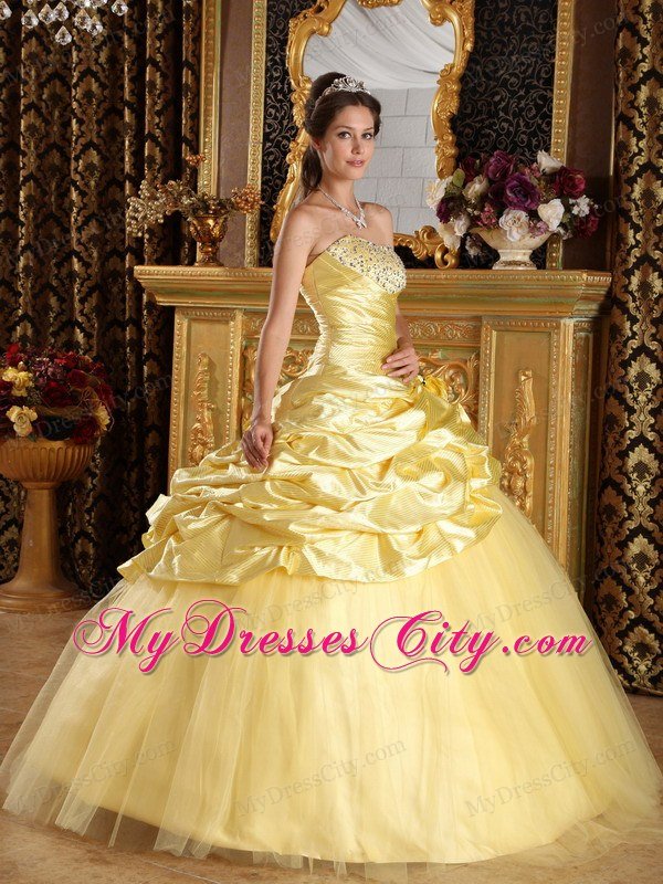 Strapless Beading Bubbles Flowers Yellow Quinceanera Dresses