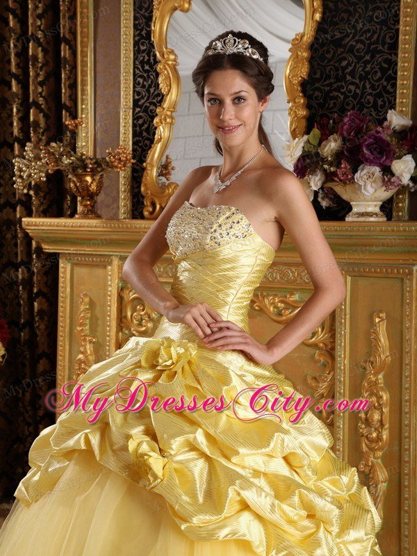 Strapless Beading Bubbles Flowers Yellow Quinceanera Dresses