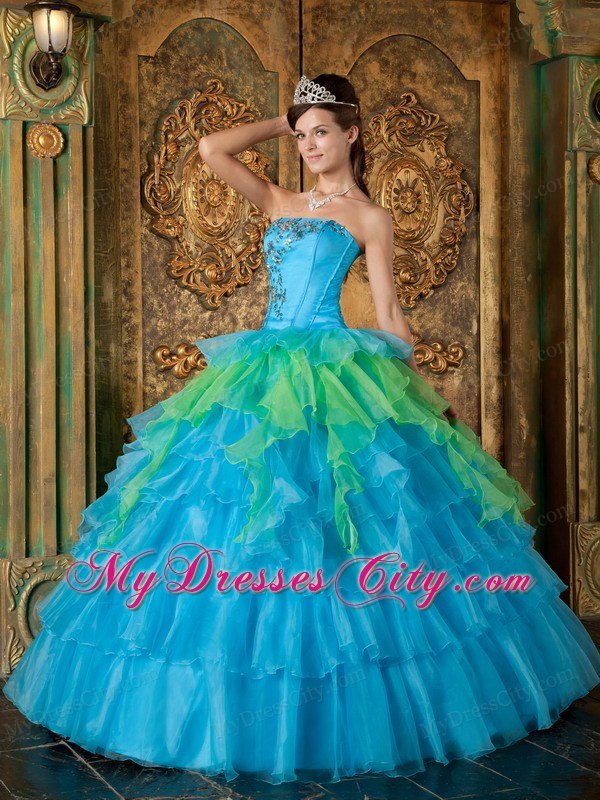 Blue Strapless Appliques Ruffles 2013 Quinceanera Dress for Girl