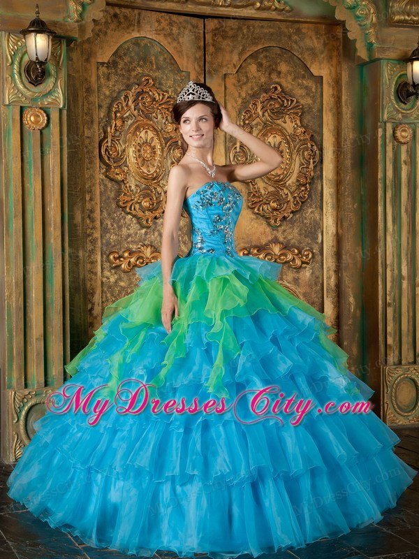 Blue Strapless Appliques Ruffles 2013 Quinceanera Dress for Girl