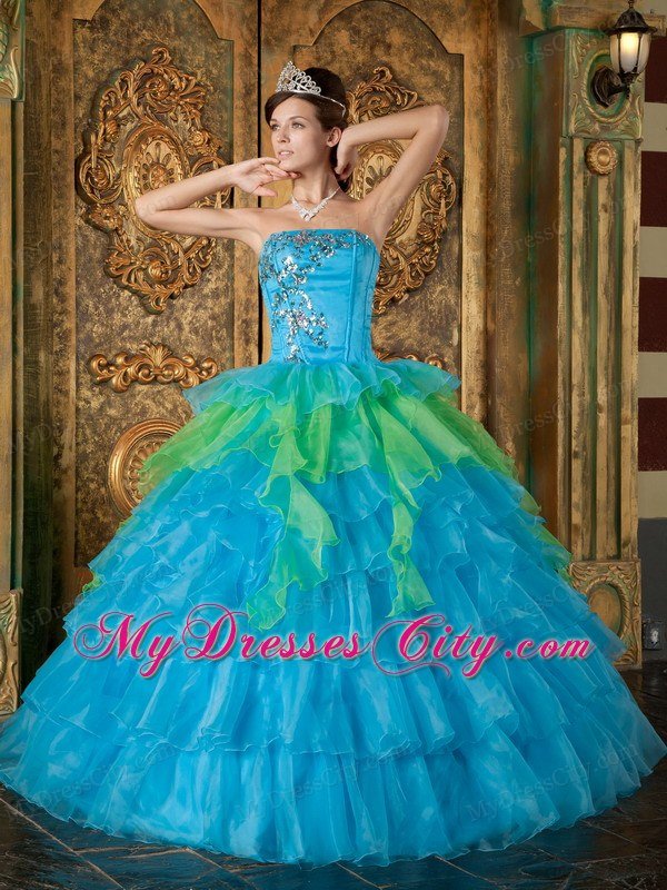 Blue Strapless Appliques Ruffles 2013 Quinceanera Dress for Girl