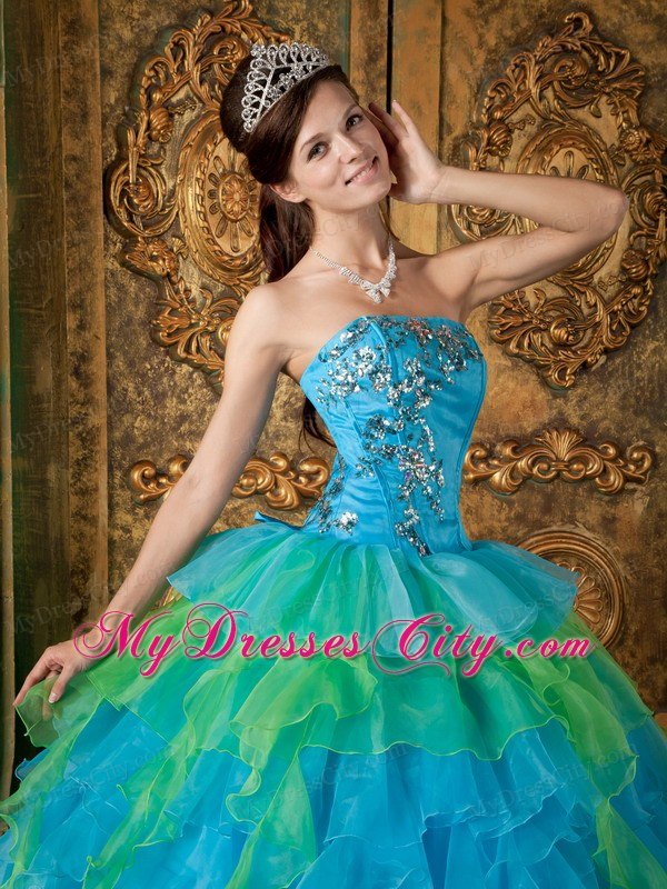 Blue Strapless Appliques Ruffles 2013 Quinceanera Dress for Girl