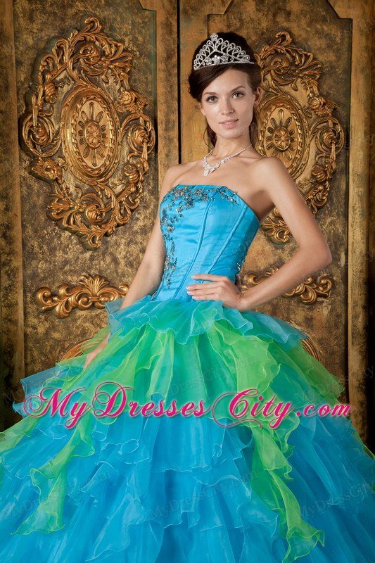 Blue Strapless Appliques Ruffles 2013 Quinceanera Dress for Girl