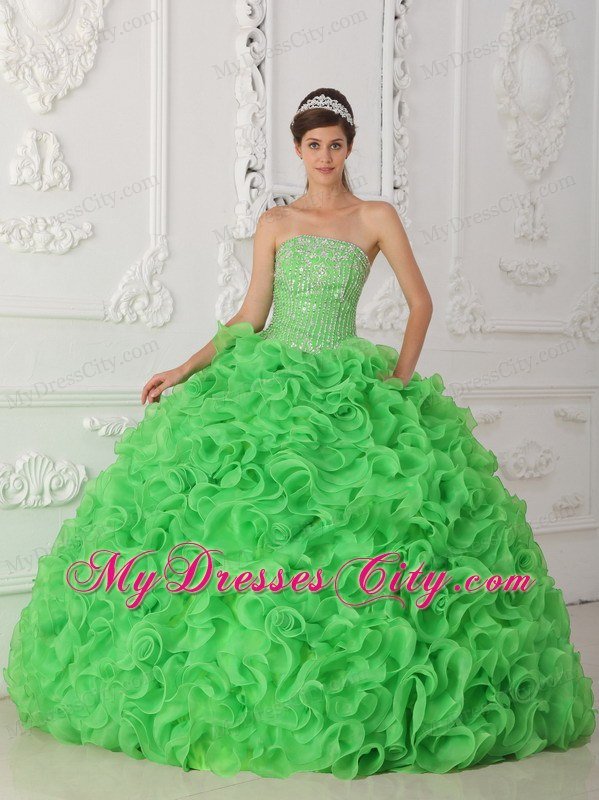 Ball Gown Strapless Beading Ruffles Green Perfect Quinceanera Gowns