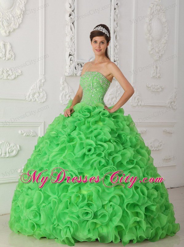 Ball Gown Strapless Beading Ruffles Green Perfect Quinceanera Gowns