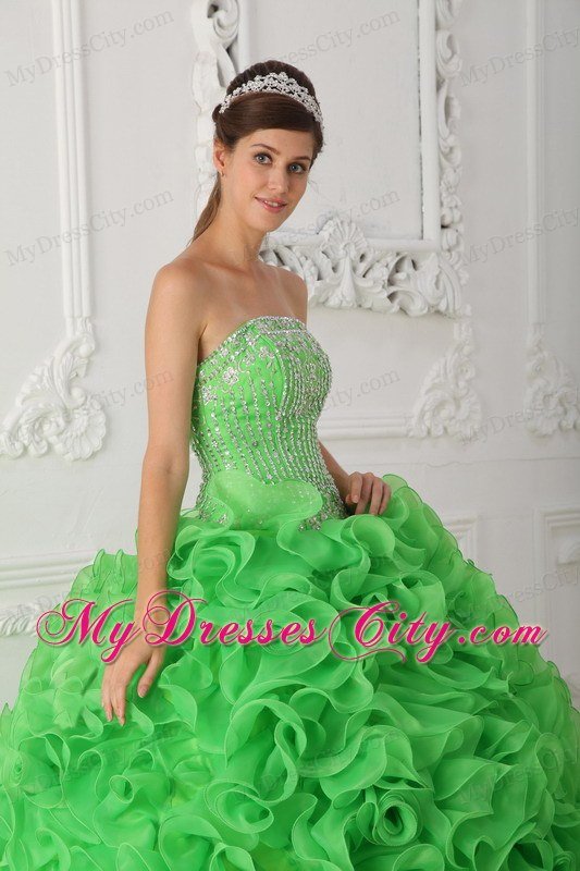 Ball Gown Strapless Beading Ruffles Green Perfect Quinceanera Gowns