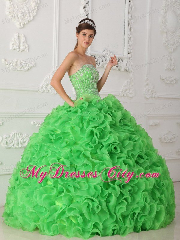 Ball Gown Strapless Beading Ruffles Green Perfect Quinceanera Gowns