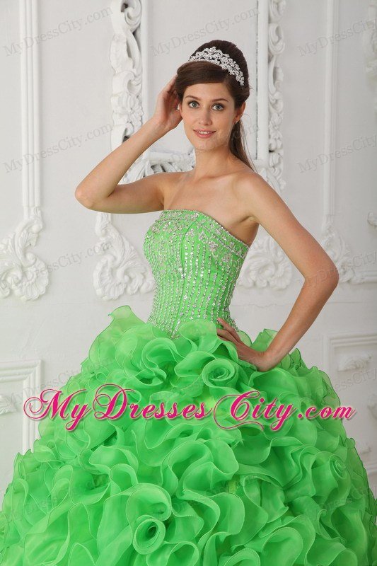 Ball Gown Strapless Beading Ruffles Green Perfect Quinceanera Gowns