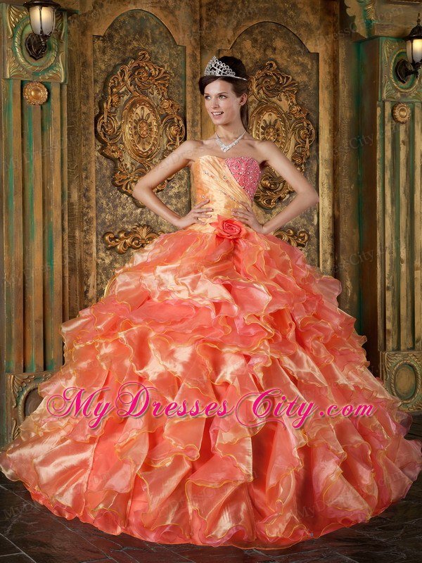 Ball Gown Strapless Beading Ruffles Two-toned Quinceanera Dress