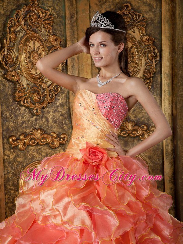 Ball Gown Strapless Beading Ruffles Two-toned Quinceanera Dress