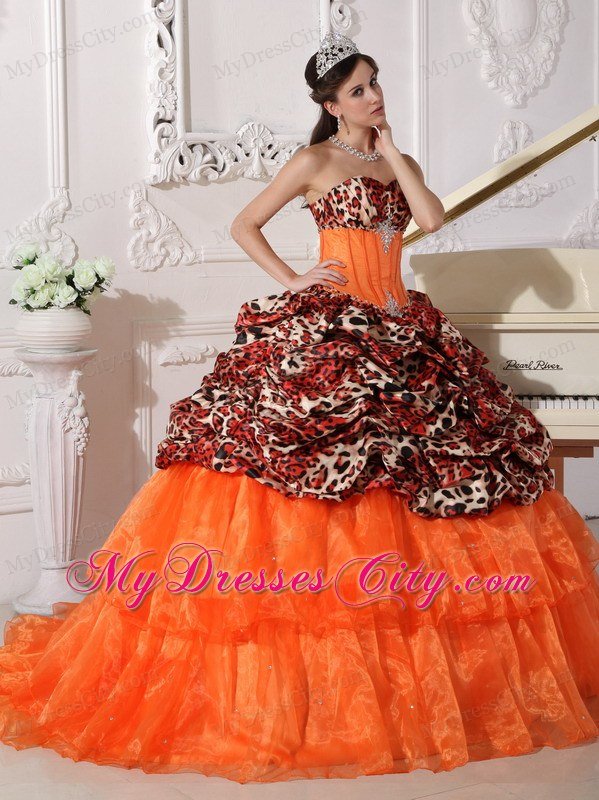 Leopard Print Sweetheart Appliques Brush Train Quinceanera Dress