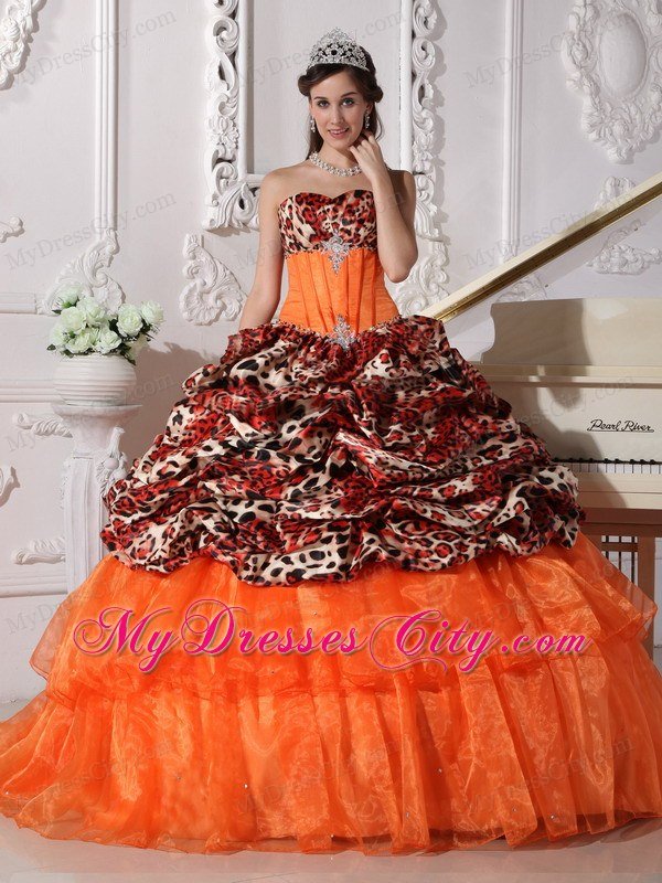 Leopard Print Sweetheart Appliques Brush Train Quinceanera Dress