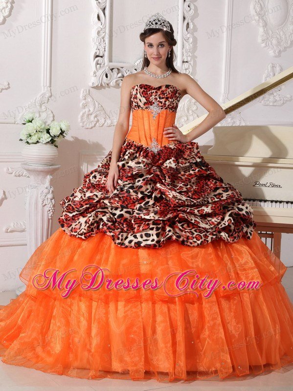 Leopard Print Sweetheart Appliques Brush Train Quinceanera Dress