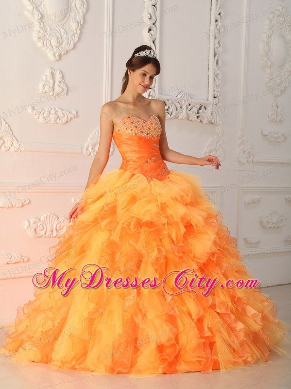 Prefect Orange Organza Sweetheart Beading Ruffles Sweet 15 Dresses