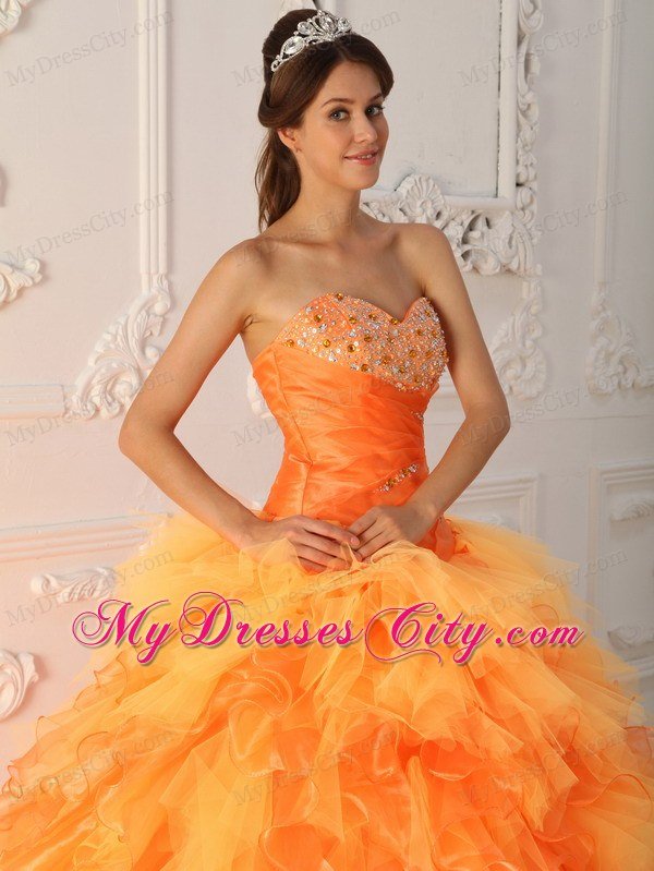 Prefect Orange Organza Sweetheart Beading Ruffles Sweet 15 Dresses