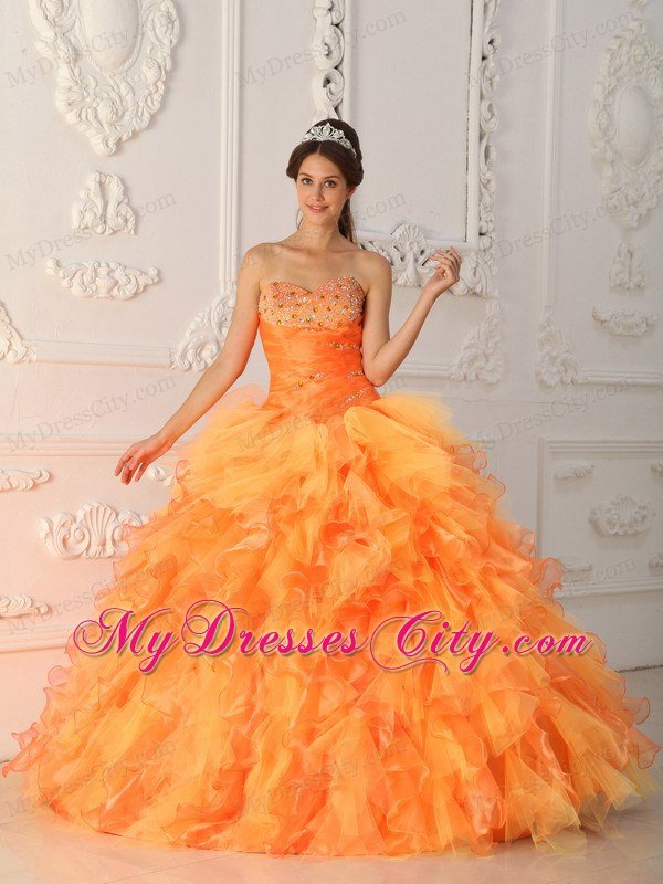 Prefect Orange Organza Sweetheart Beading Ruffles Sweet 15 Dresses