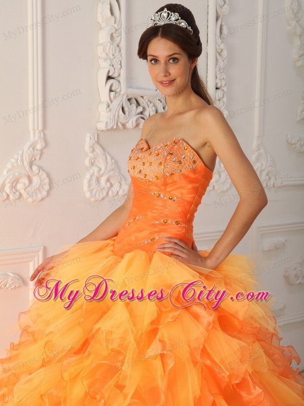 Prefect Orange Organza Sweetheart Beading Ruffles Sweet 15 Dresses