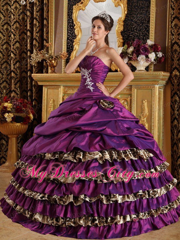 One Shoulder Appliques layered Leopard Purple Dress for Quince 2013