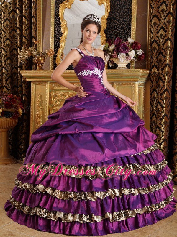 One Shoulder Appliques layered Leopard Purple Dress for Quince 2013