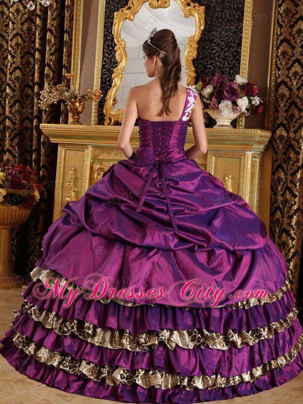 One Shoulder Appliques layered Leopard Purple Dress for Quince 2013