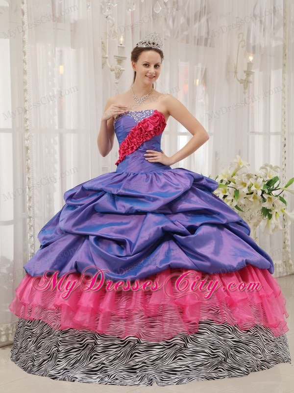 Exclusive Zebra Print Strapless Beading Colorful Quinceanera Dress