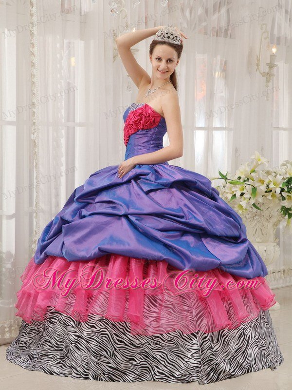 Exclusive Zebra Print Strapless Beading Colorful Quinceanera Dress