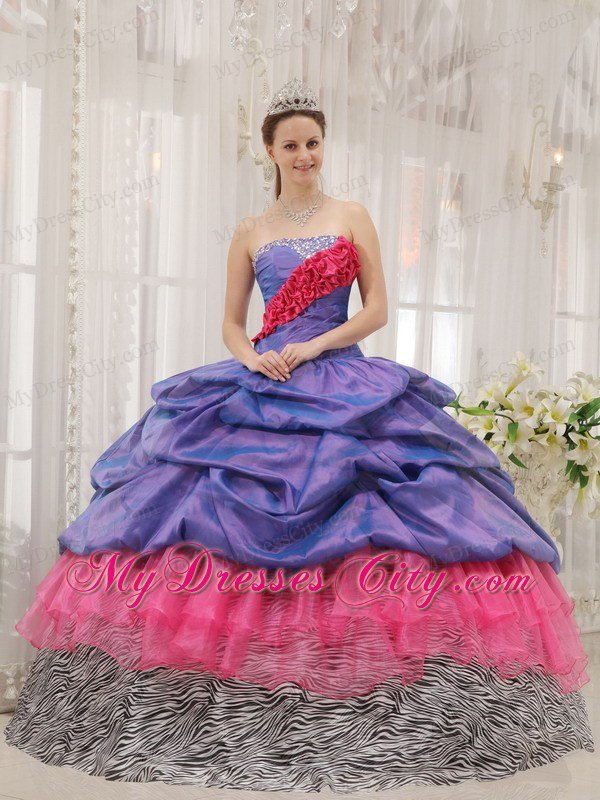 Exclusive Zebra Print Strapless Beading Colorful Quinceanera Dress