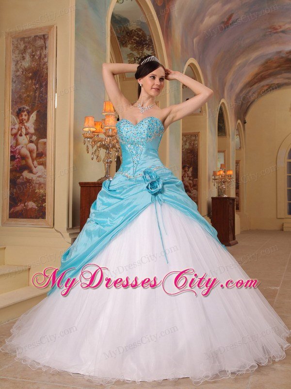 Aqua Blue and White Beading Sweetheart Princess Quinceanera Dress