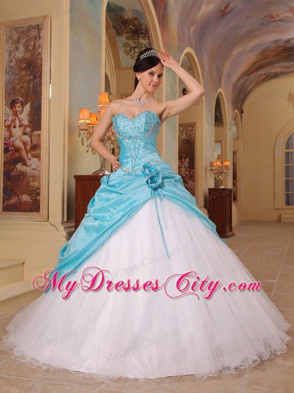 Aqua Blue and White Beading Sweetheart Princess Quinceanera Dress