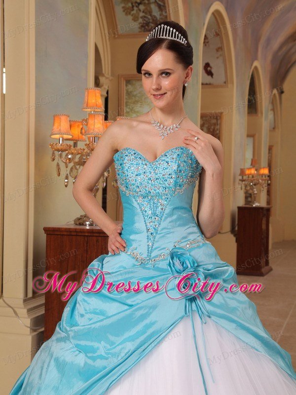 Aqua Blue and White Beading Sweetheart Princess Quinceanera Dress