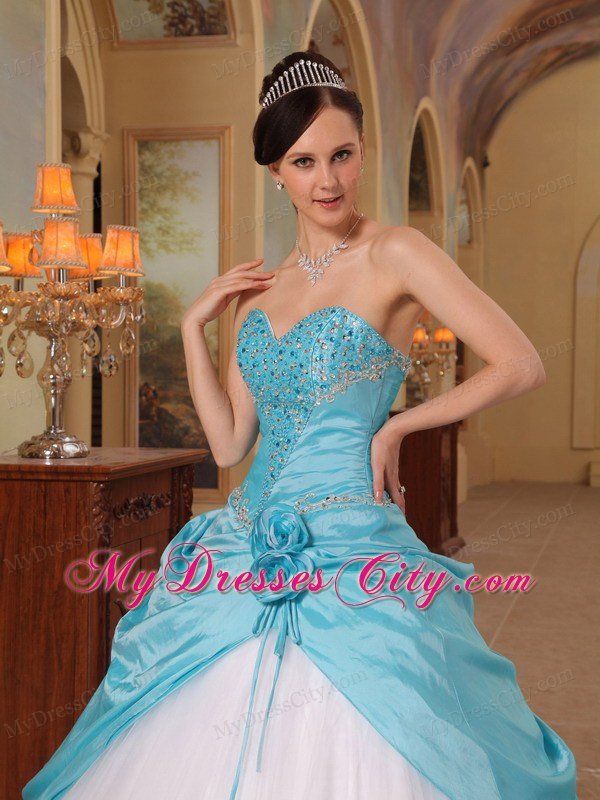 Aqua Blue and White Beading Sweetheart Princess Quinceanera Dress