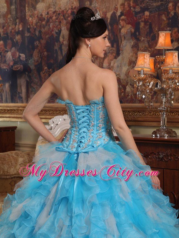 Beading Ruffles Aqua Blue Quinceanera Dresses With Dropped Waist