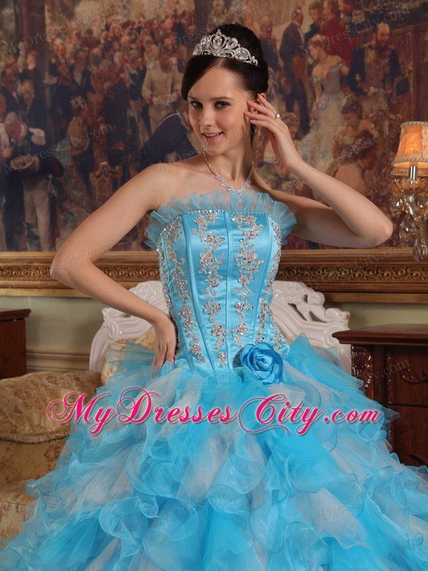 Beading Ruffles Aqua Blue Quinceanera Dresses With Dropped Waist