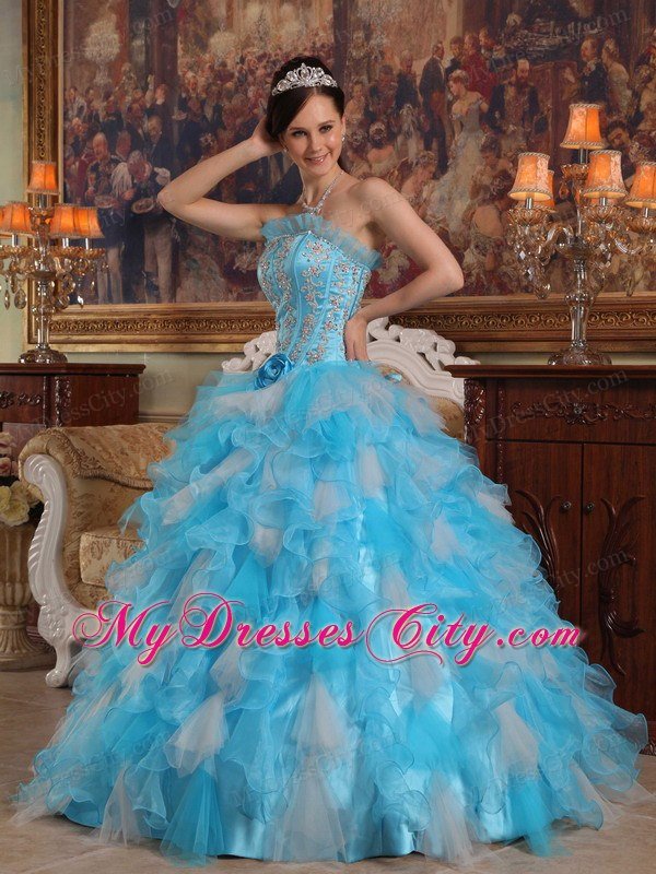 Beading Ruffles Aqua Blue Quinceanera Dresses With Dropped Waist