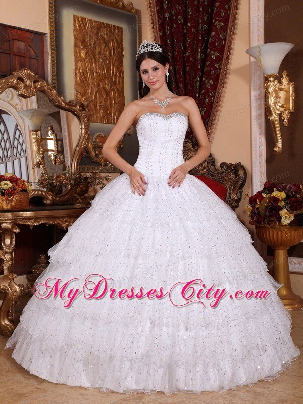 White Special Fabric Sweetheart Dress For Sweet 15 with Ruffled layers