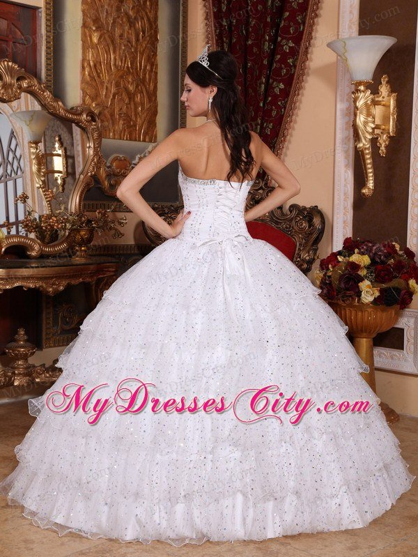 White Special Fabric Sweetheart Dress For Sweet 15 with Ruffled layers