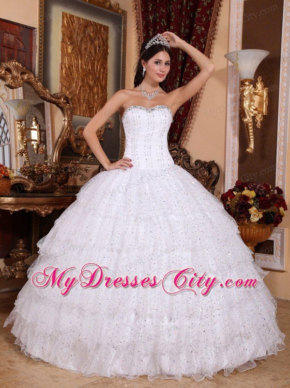 White Special Fabric Sweetheart Dress For Sweet 15 with Ruffled layers