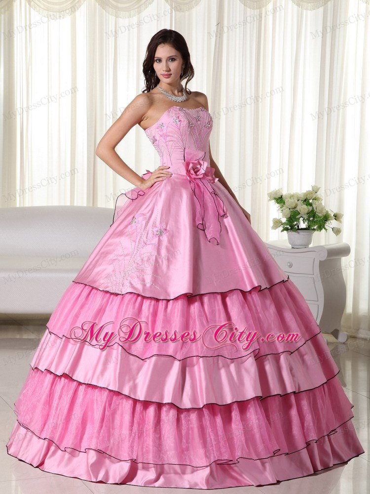 Embroidery Flowers Rose Pink Quinceanera Dress for Party Style