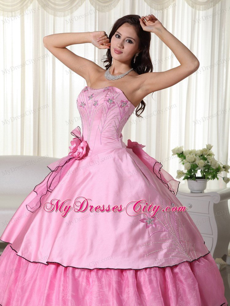 Embroidery Flowers Rose Pink Quinceanera Dress for Party Style