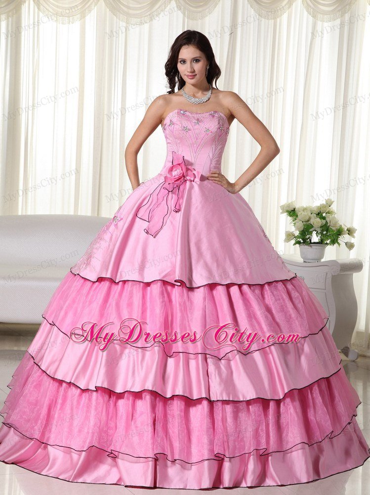 Embroidery Flowers Rose Pink Quinceanera Dress for Party Style