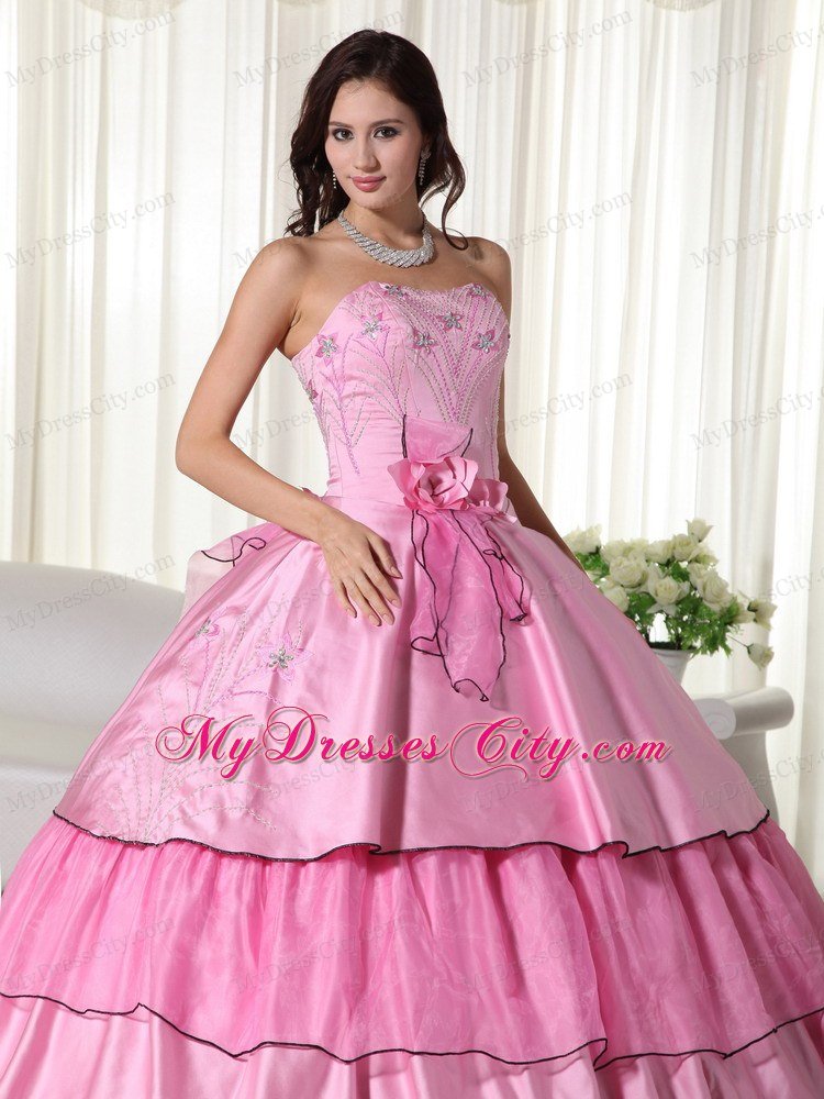 Embroidery Flowers Rose Pink Quinceanera Dress for Party Style